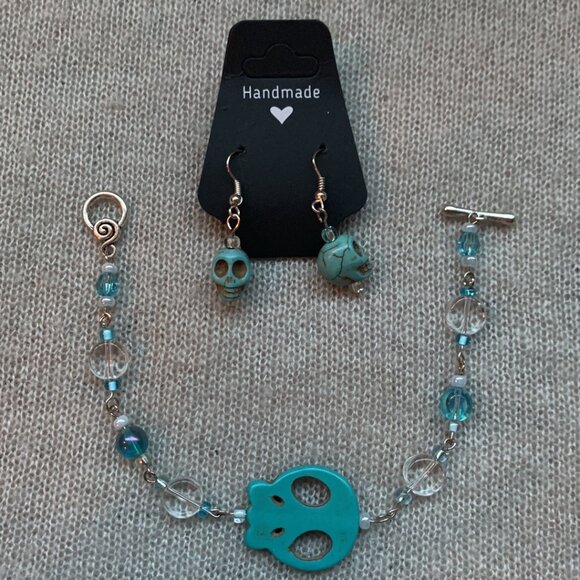 💀✨ Handmade Turquoise Skull Bracelet & Earrings Set ✨💀 - Picture 2 of 10